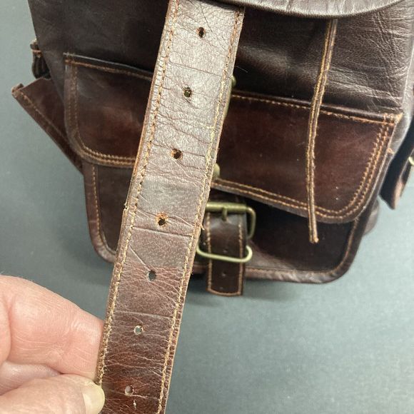 Genuine Leather Backpack Purse Pockets Adjustable Drawstring Buckle Brown Soft - Picture 10 of 14